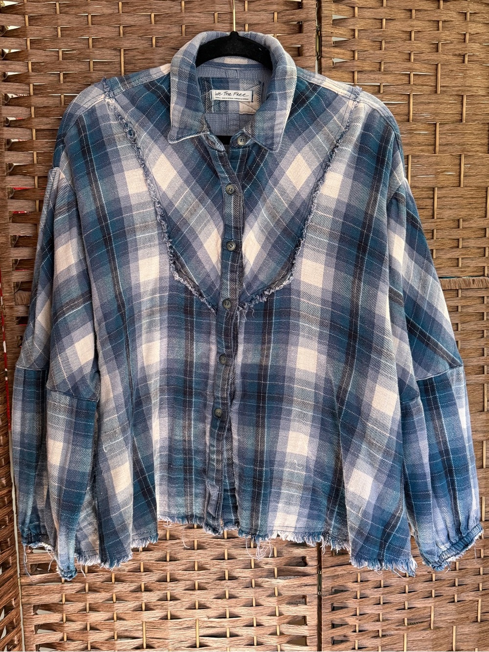 Free People We The Free Blue Plaid Distressed Button-Down Shirt S